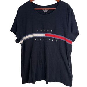 Tommy Hilfiger Womens XXL Navy Blue Relaxed Fit Signature Stripe Logo Tshirt